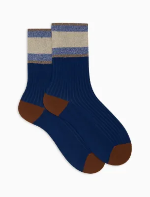 Calze corte donna cotone blu tinta unita a coste polso righe effetto scintillante