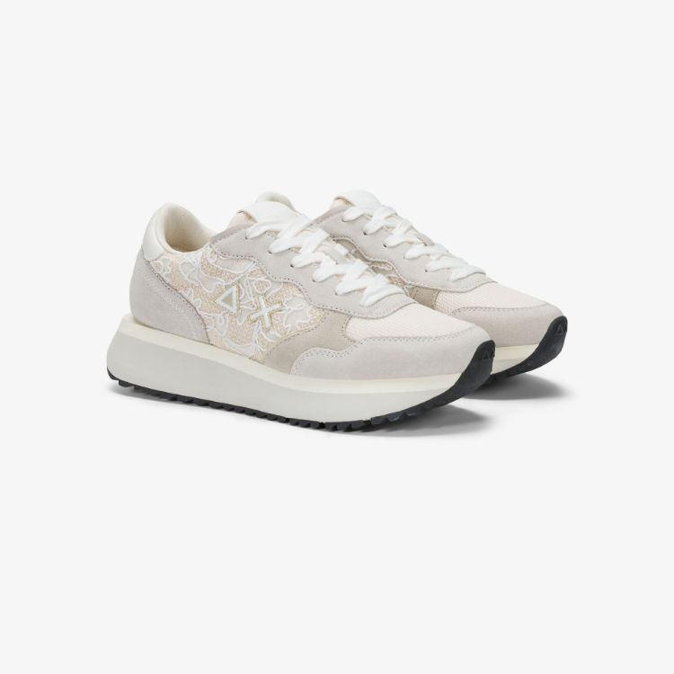 Sneaker Big Ally Flower in suede e mesh bianco panna